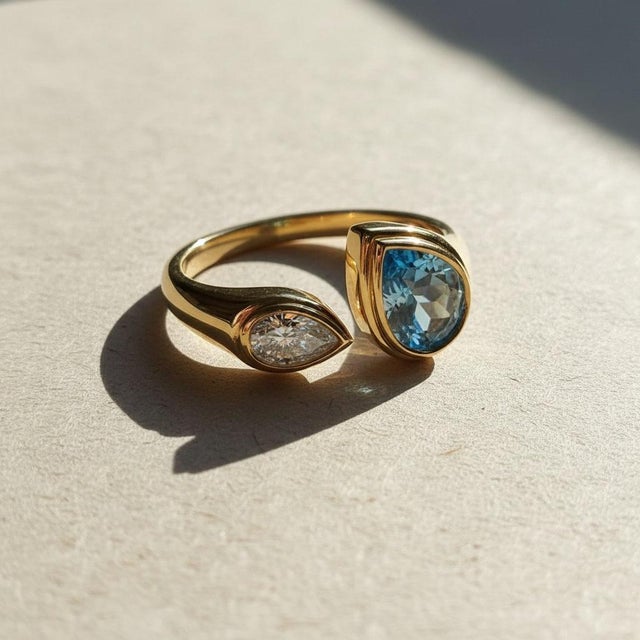 Modern Toi Et Moi Gemstone Ring: Topaz and Moissanite, Size 7.5 For Sale - Image 3 of 8
