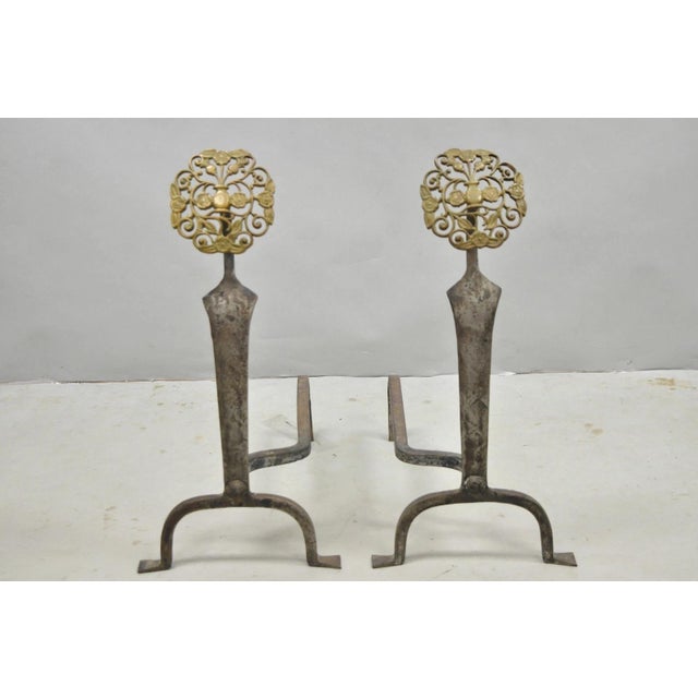 Antique French Art Nouveau Hand Hammered Wrought Iron & Bronze Andirons - A Pair For Sale - Image 14 of 15