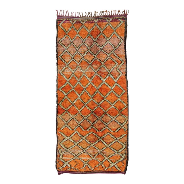 Wide Runner, Vintage Moroccan Gallery Rug With Diamond Design in Orange & Green 4'10'' X 11'4'' For Sale