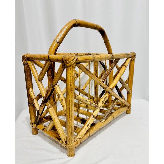 Vintage Mid Century Scorched (or Torched) Burnt Bamboo & Bent Rattan Magazine Holder. Original finish and frame. Solid and...