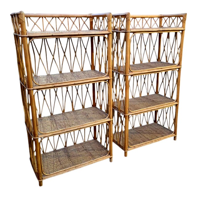 Pair of Mid 20th Century Bamboo and Rattan Four-Shelf Etageres For Sale