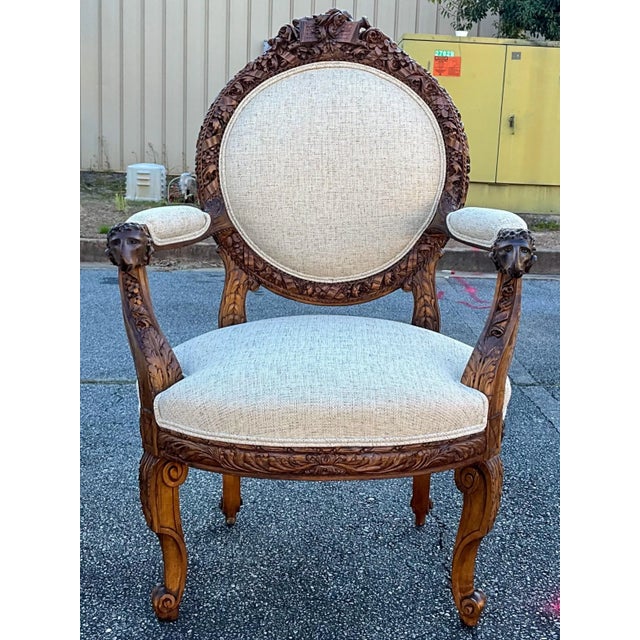 Late 19th Century 19th-C. French Neo-Classical Carved Walnut Bergere Chairs With Rams - Pair For Sale - Image 5 of 9
