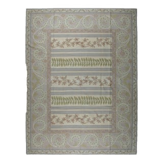 9x12 Vintage Aubusson Flat Weave Wool Rug, Lilac Grey Fern and Vine Stripe For Sale