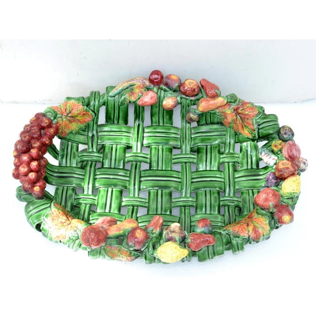 1970s Vallauris France Glazed Woven Ceramic Basket Pink & Green Strawberry Pottery 70 For Sale - Image 5 of 13