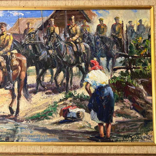 1930s 20th Century Oil on Canvas Board European School Framed Signed by Aleksandr Karamzin Titled Cossacks Entering Village For Sale - Image 5 of 11