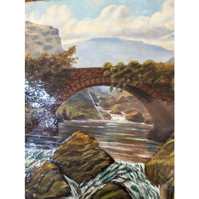 Green 19th Century English Folk Art Landscape Painting of a Bridge Over a Stream For Sale - Image 8 of 11