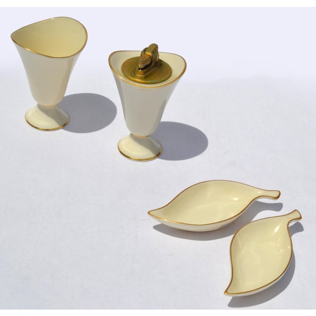 Lenox 1960s Set of 4 Lenox Cream Ceramic Lighter Cigarette Holder Two Ashtrays Gold Trim For Sale - Image 4 of 14