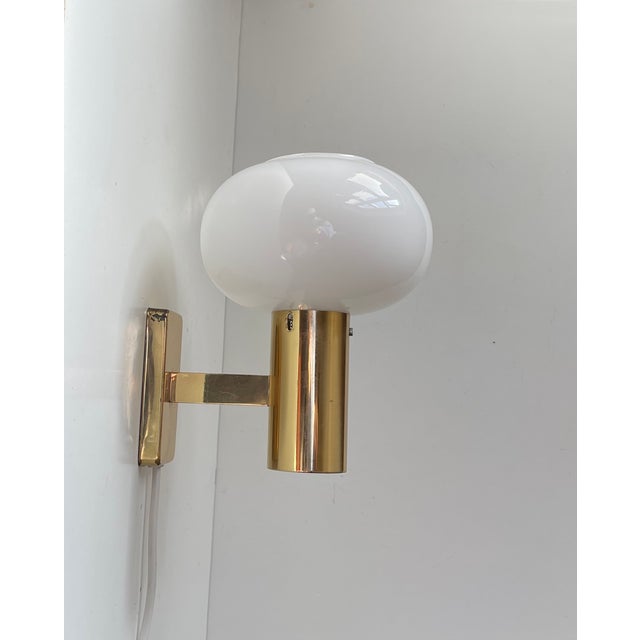 Vintage Scandinavian Brass Wall Lamp with Opaline Glass Mushroom Shade, 1960s For Sale - Image 3 of 10