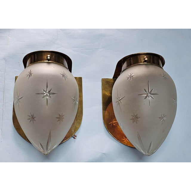 1940s Pair of Vintage Art Deco Wall Sconces Fixture Brass & Star Glass Shade Lamp Ship Light For Sale - Image 5 of 7