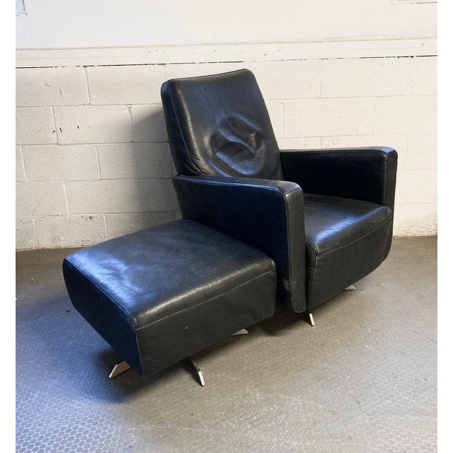 Black Vintage Mid Century Italian Leather Black Lounge Chair With Ottoman For Sale - Image 8 of 10