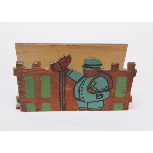 Circa 1930s / 1940s hand-carved and painted 'postman' letter holder. Very good, vintage condition with warm patina...