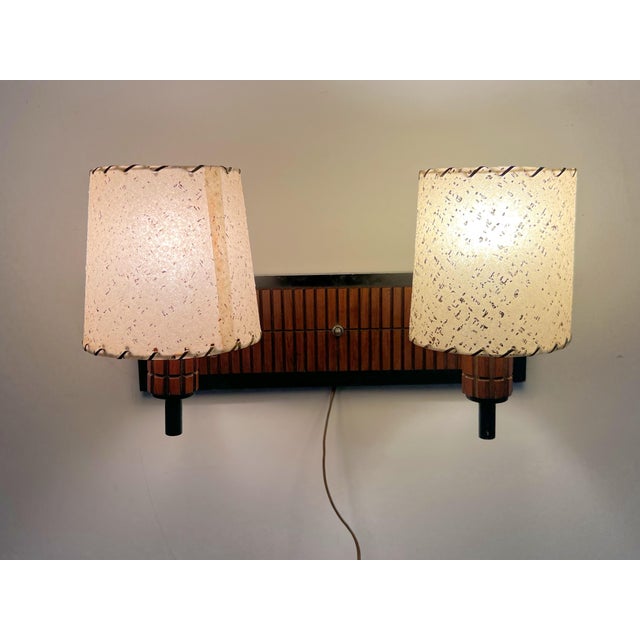 Vintage Double Wall Sconce in Walnut and Metal With Fiberglass Shades. Great for a reading nook. The measurements below...
