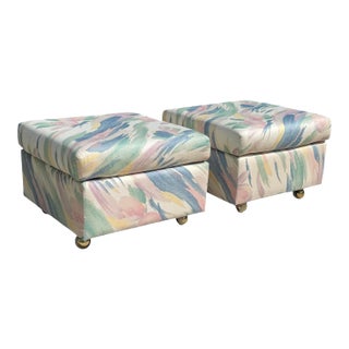 Vintage Postmodern Upholstered Cube Ottomans on Brass Casters, a Pair For Sale