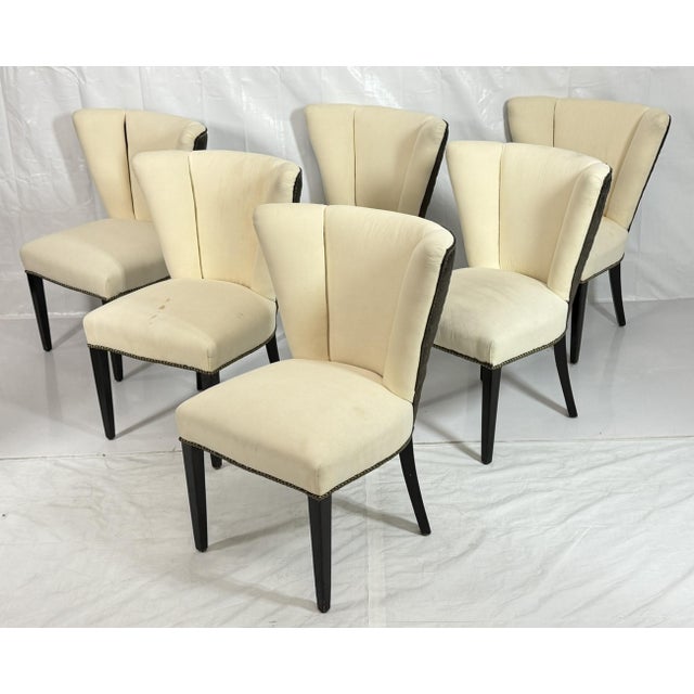 Set of 6 Mid-Century Tuxedo Dining Chairs, Ebonized Wood, Brass Nailheads For Sale - Image 10 of 18