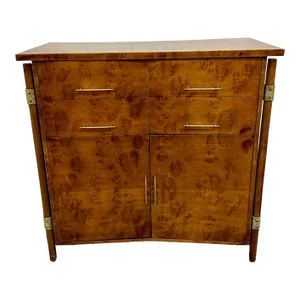 Mid-Century Modern Burlwood Hi-Boy Dresser / Wardrobe Cabinet, Brass Accent