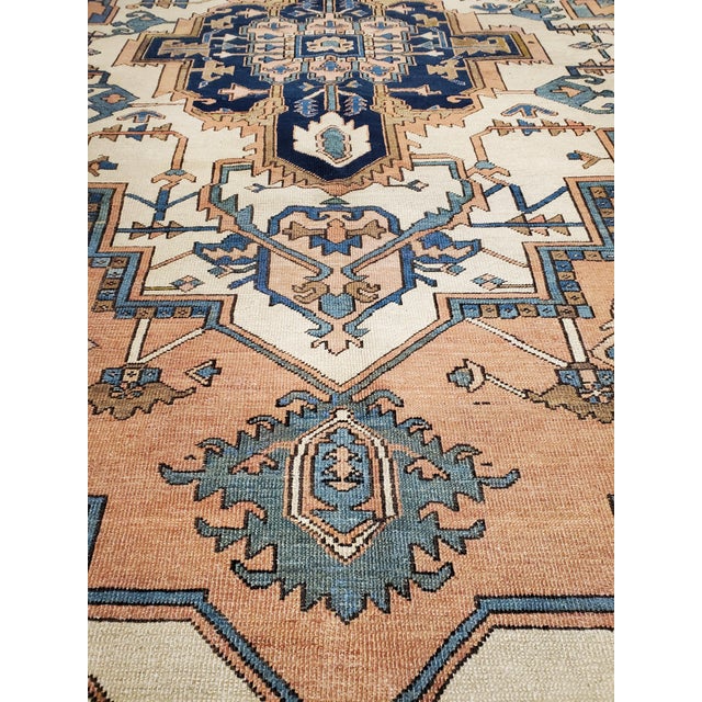 Late 19th Century Antique Persian Serapi Carpet, Geometric, Ivory Hand Knotted Wool Oriental Rug For Sale - Image 5 of 18