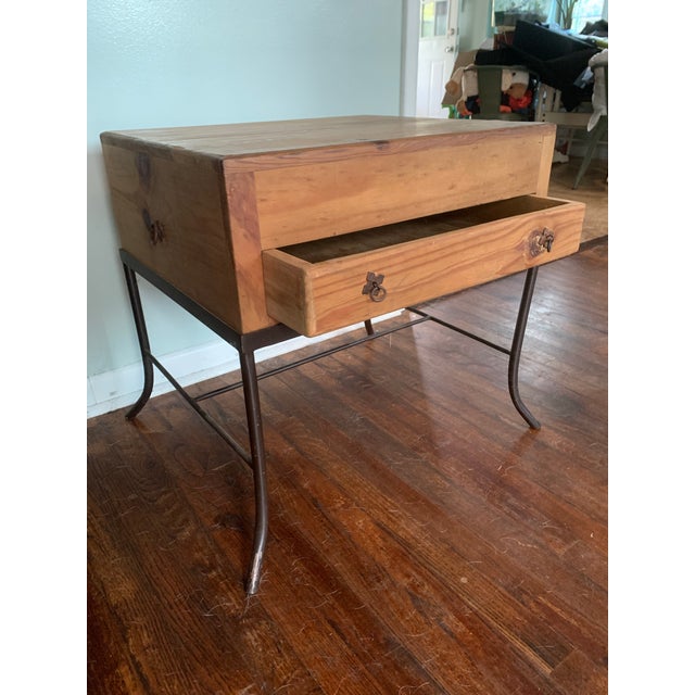 Vintage Mexican Rustic Pine Side Table Nightstand Wrought Iron Base Brutalist For Sale In Louisville - Image 6 of 11