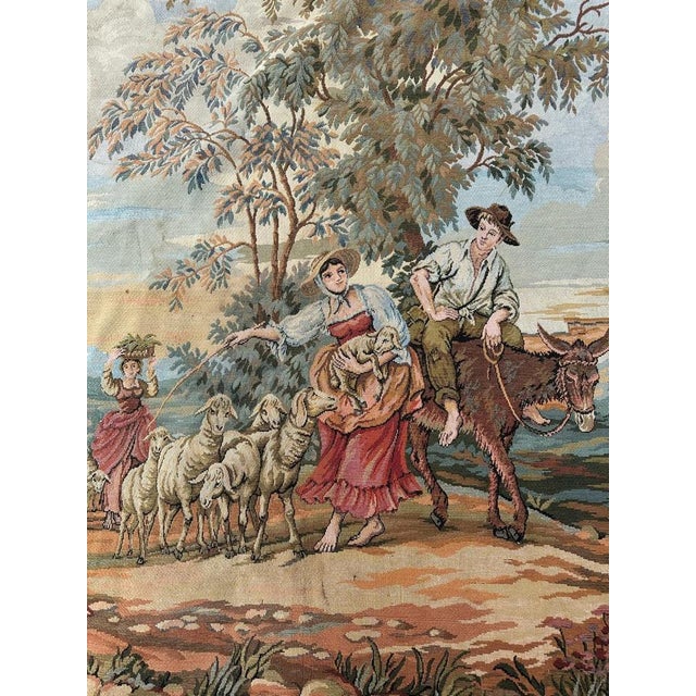 Very nice French vintage tapestry with beautiful design of shepherdesses in the countryside and beautiful colours, woven...