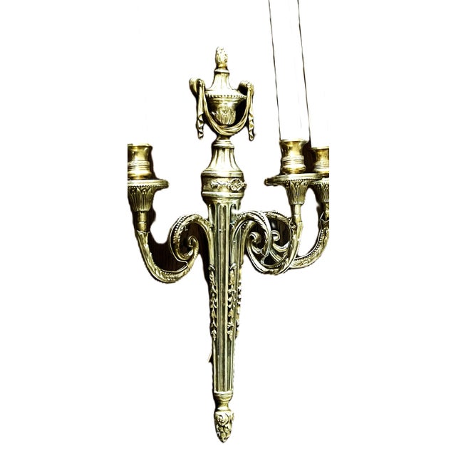 Gold Large French Louis XVI Style Bronze Three-Arm Wall Sconces, 1950s, Set of 2 For Sale - Image 8 of 18