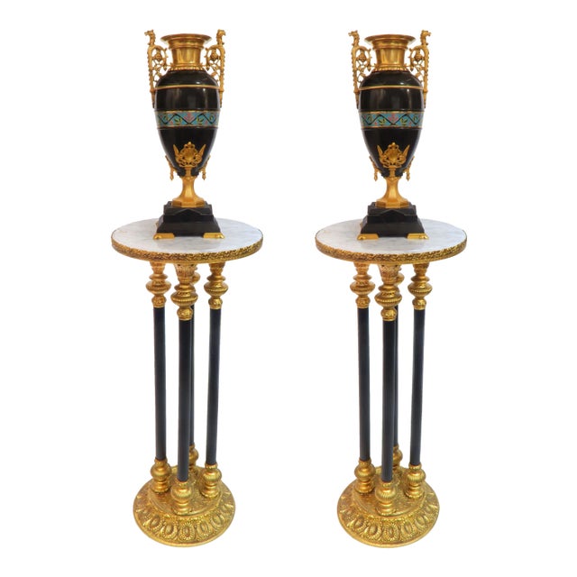 19th C. French Black Marble & Champleve Enamel Gilt Bronze Vases by Eugene Cornu - a Pair For Sale