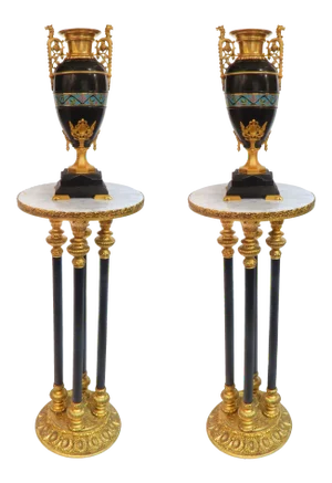 19th C. French Black Marble & Champleve Enamel Gilt Bronze Vases by Eugene Cornu - a Pair