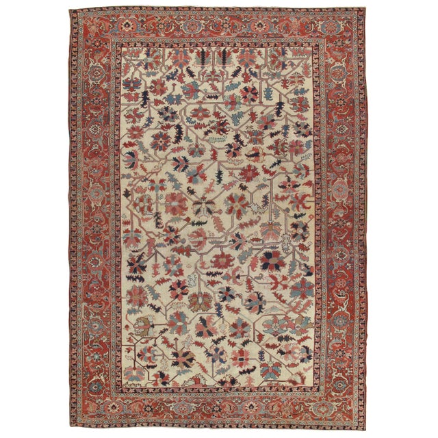 Antique Persian Serapi Carpet, Handmade Wool Oriental Rug, Ivory and Light Blue For Sale - Image 18 of 18
