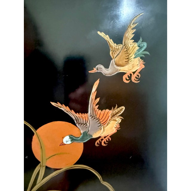 Black Vintage Black Lacquer Chinoiserie Cabinet With Hand-Painted Birds & Raised Relief Details For Sale - Image 8 of 10
