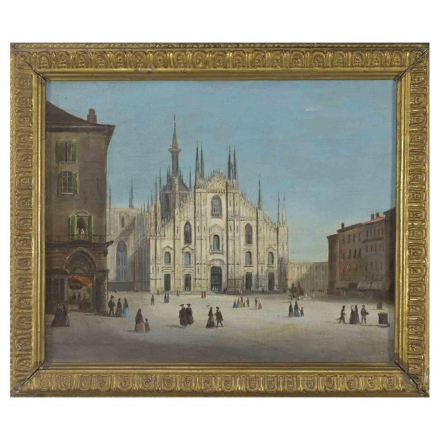 Duomo of Milan with Peasants, Oil Painting, 18th Century, Framed For Sale