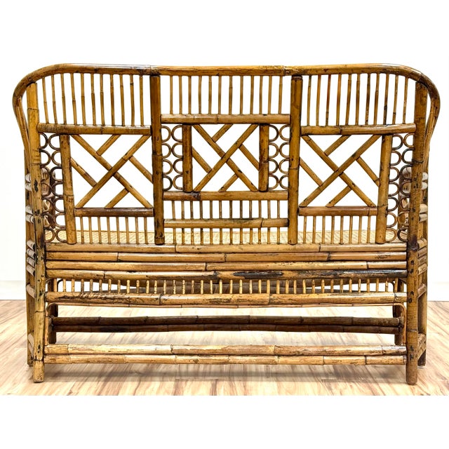 Brown Vintage Brighton Pavilion Style Chippendale Bamboo Caned Seat Bench Settee For Sale - Image 8 of 11
