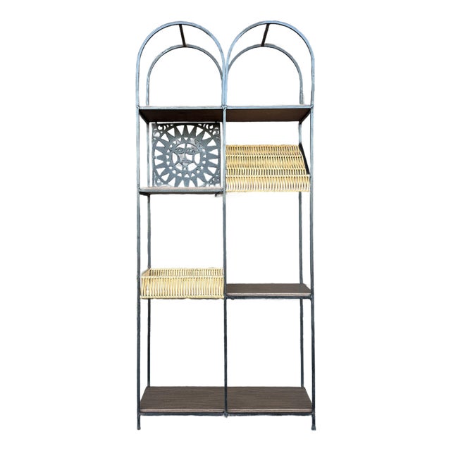 Arthur Umanoff Etagere With Mayan Sun Mid Century Caned Iron For Sale