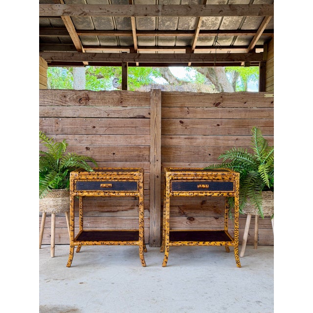 Pair Vintage British Colonial Tortoise Finish Rattan & Grasscloth Nightstands For Sale - Image 12 of 12
