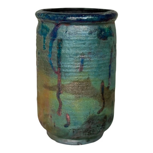 Handcrafted Raku-Style Pottery Vase – Earthy Iridescent Glaze- Signed For Sale