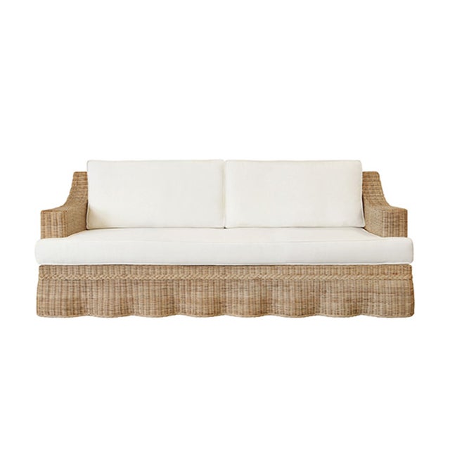 Wood Matthew Izzo Home - Daphne 88.5" Lawson Style Rattan Sofa and Ivory Linen Cushions and Scalloped Skirt For Sale - Image 7 of 7