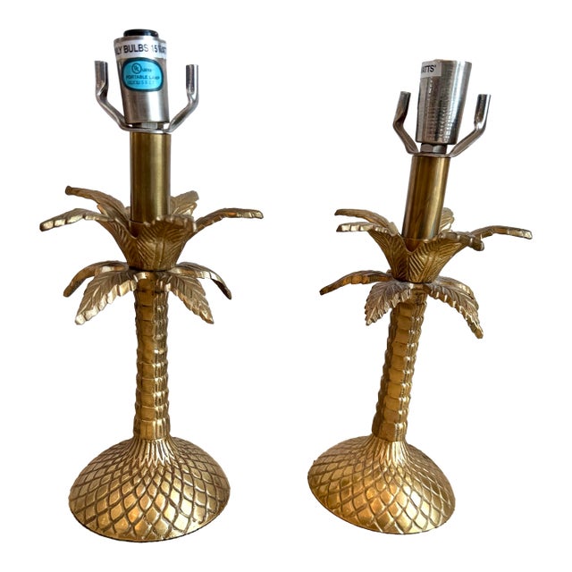 Vintage Heavy Cast Brass Palm Tree Table Lamps – Pair For Sale