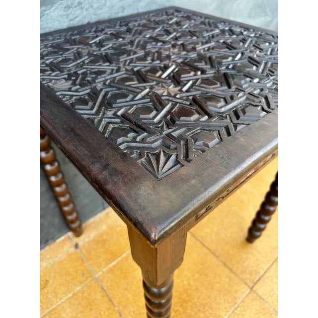 Spanish Barley Twist Side Table with Geometric Carved Top, 1930s For Sale - Image 4 of 11