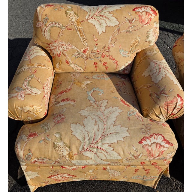 Pair of English Roll Arm Club Chairs in Mulberry Early Birds Sand Fabric With Skirted Bases, Late 20th Century For Sale In Washington DC - Image 6 of 9