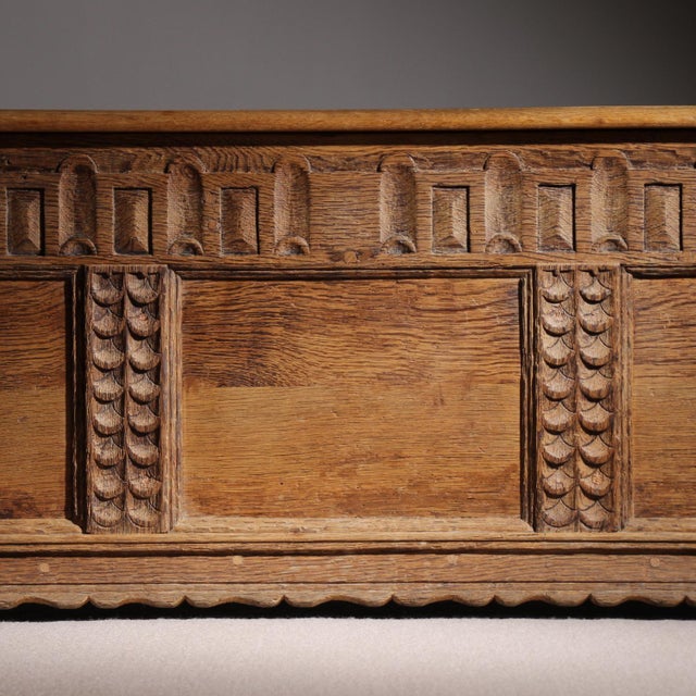 German Handcrafted Oak Chest with Rustic Carvings For Sale - Image 15 of 17