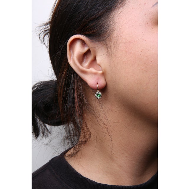 18K Rose and White Gold 3/8 Cttw Round Brown Diamonds and Round Green Tsavorite Gemstone Halo Drop Hoop Earrings (Brown Color, SI1-SI2 Clarity) For Sale - Image 4 of 5