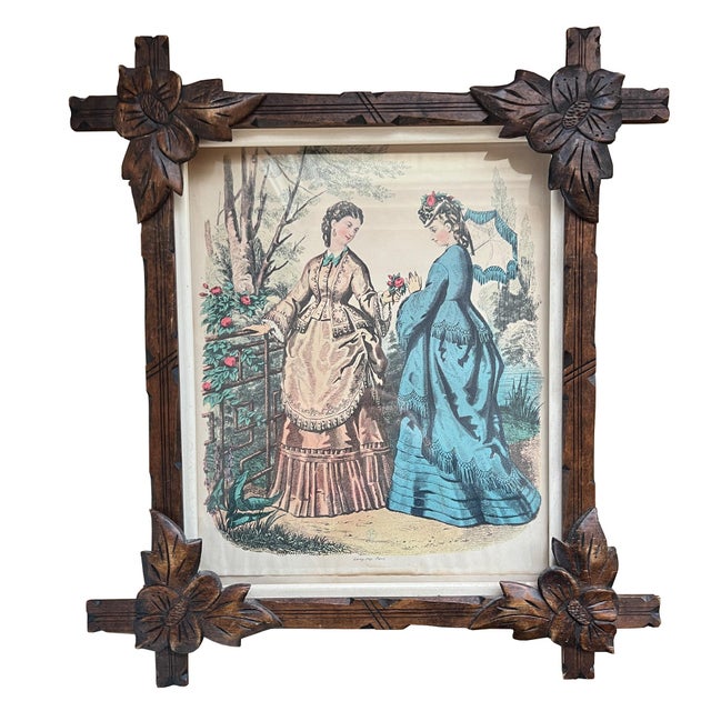 Victorian Pair of Victorian Fashion Engravings in Carved Black Forest Frames, 19th C. For Sale - Image 3 of 17