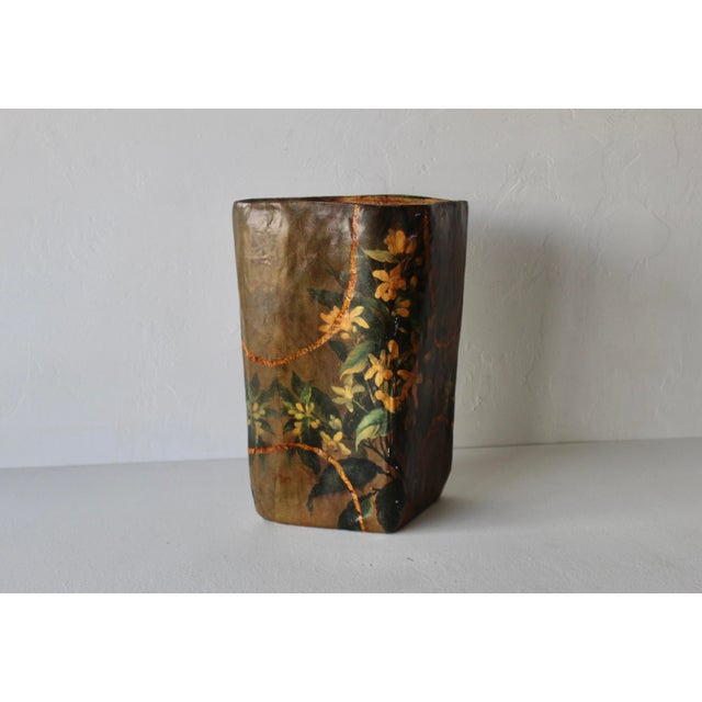 Brown R Pulvermacher Art Nouveau Paper Mache Floral Wrapped Wastebasket Vintage For Sale - Image 8 of 18
