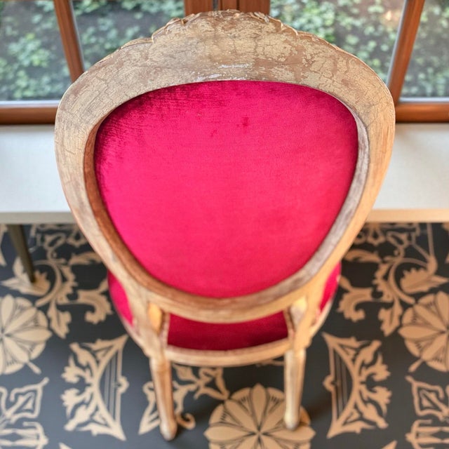 Rustic European Ruby Red Pair French Velvet Silk Fabric Trim Custom Accent Chairs For Sale - Image 3 of 10