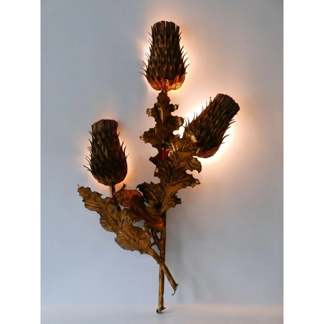 Large Mid-Century Modern Gilt Metal Three Flamed Thistle Flower Sconce, 1960s For Sale - Image 14 of 18