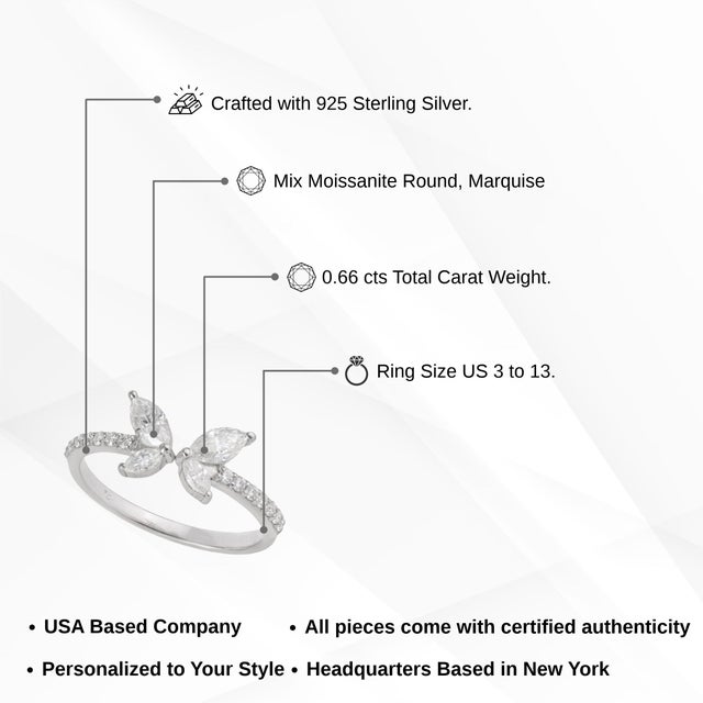 Four Stone Marquise Cut Moissanite Butterfly Cocktail Ring in 925 Silver Size 6 For Sale - Image 11 of 15