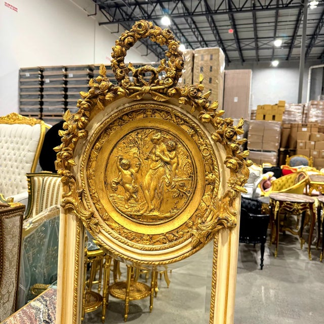 Elevate your space with this charming French Baroque style floor mirror, beautifully refinished in a soft distressed white...