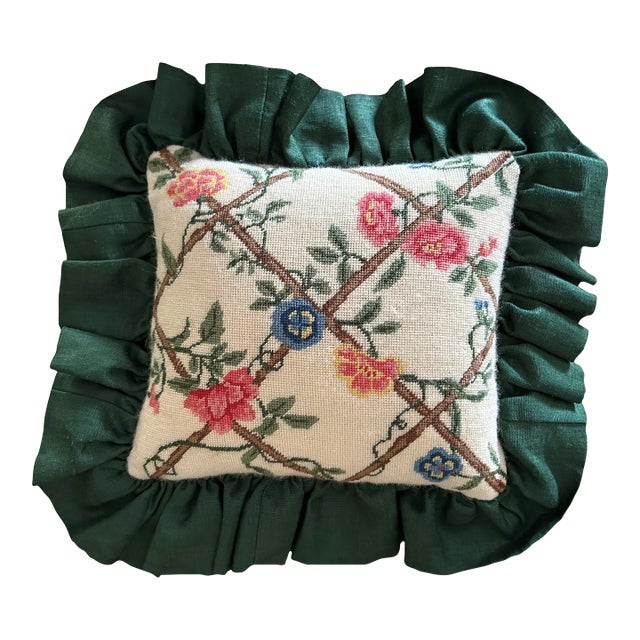 Vintage Handmade Needlepoint Throw Pillow Cottage Core Embellished With Flowers, Branches and Vines For Sale