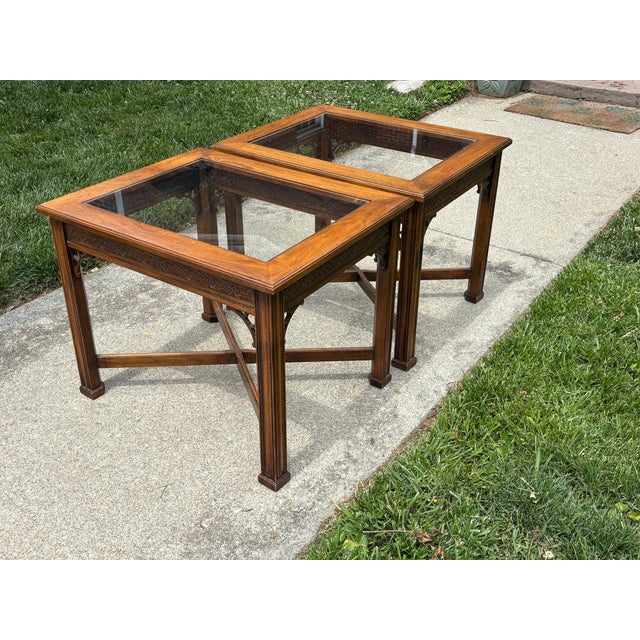 1970s Pair Glass Top Side Tables With Fretwork For Sale - Image 6 of 10