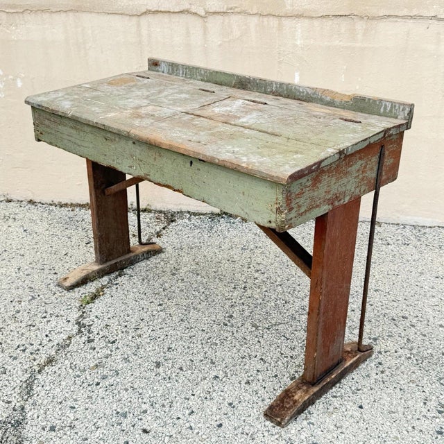 Antique French Primitive Rustic Green Distress Painted Flip Top Wood School Desk For Sale - Image 4 of 17