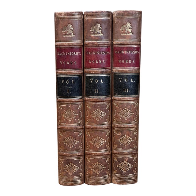 Beautiful Antique Leather Bound Books Sir James Mackintosh Works 3 Volume Set Victorian Library Home Decor For Sale