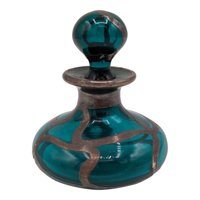 Mid 20th Century Art Nouveau Sterling Over Green Glass Bottle With Stopper For Sale