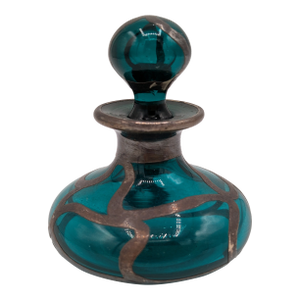 Mid 20th Century Art Nouveau Sterling Over Green Glass Bottle With Stopper